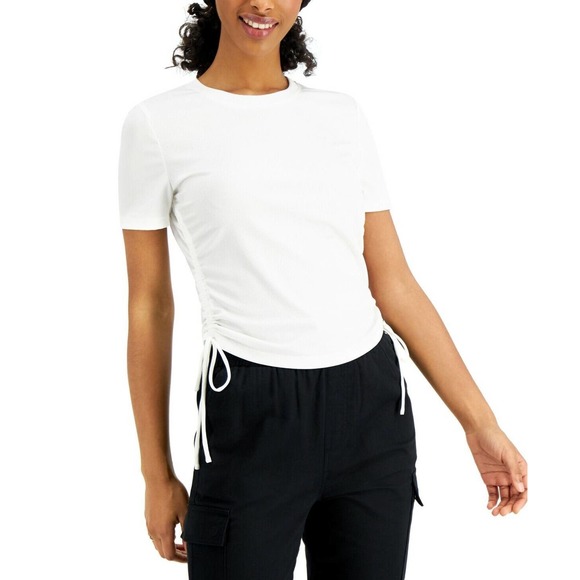 Leyden Juniors' Short Sleeve Ruched Ribbed-Knit T-Shirts Top White XS, $49 NWT - Picture 1 of 4